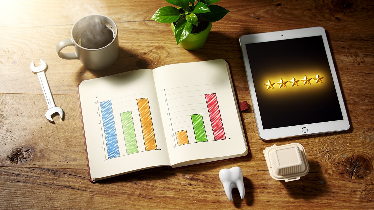 Desk flatlay showing industry comparison tools and review benchmarks
