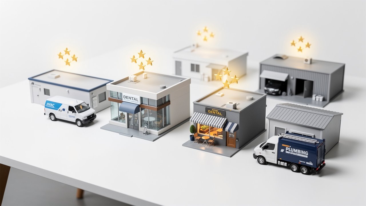 Miniature cityscape model showing local businesses with glowing star ratings