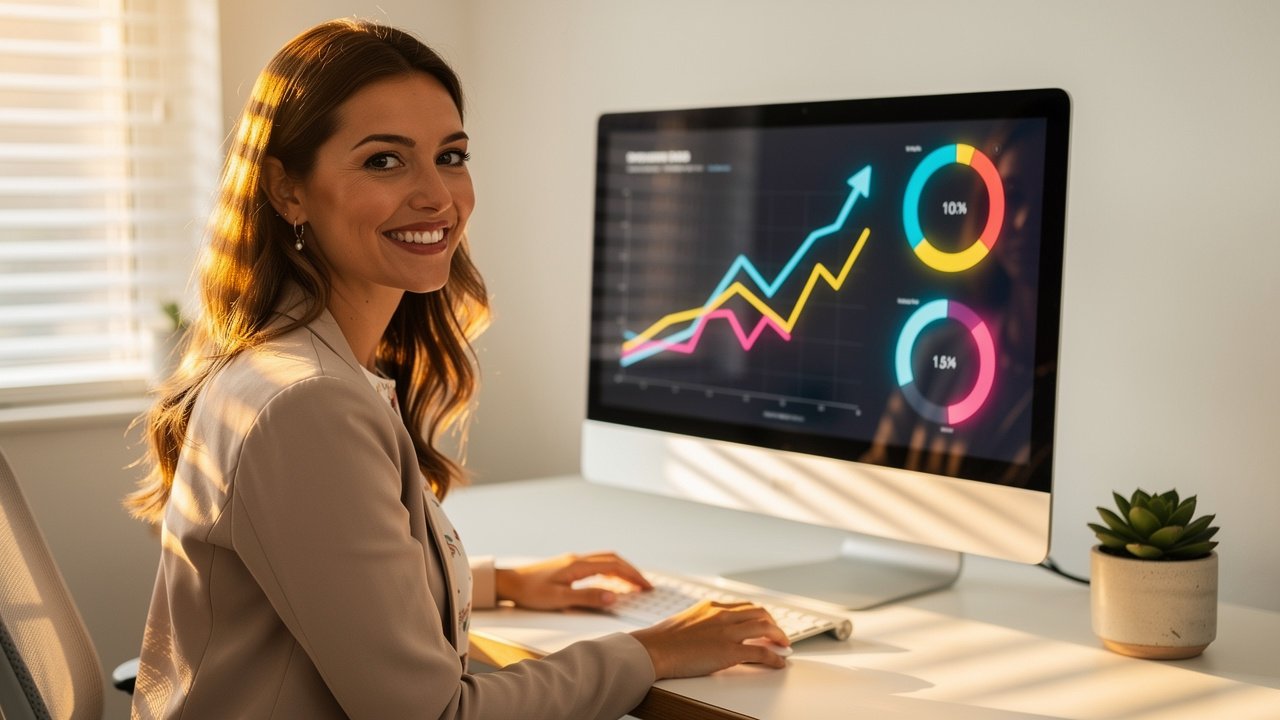 Business professional monitoring reputation dashboard with upward trending graphs