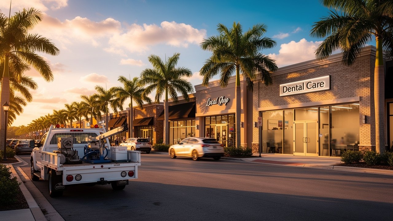 Wesley Chapel Florida local business street scene at golden hour